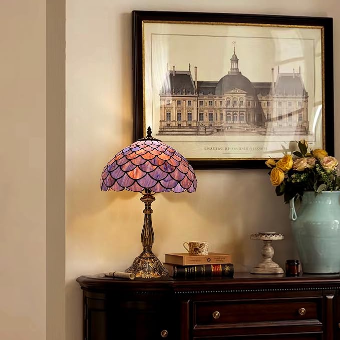 Tiffany Style Table Lamp Vintage Stained Glass Desk Lamp Deep Blue Purple Fish Scales Bedside Reading Light Decor Bedroom Living Room Home Office D12 xH18