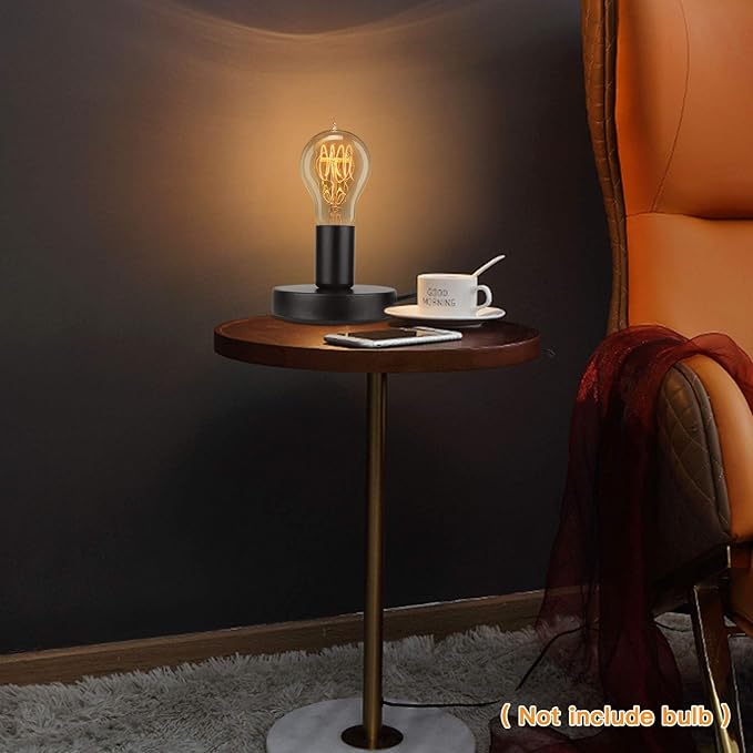 Helunsi Industrial Table Lamp Base, E26 E27 Lamp Base Without Shade, Mini Short Desk Lamp Exposed Bulb Base, Simple Metal Edison Light Bulb Stand, with 5.8ft Cord Switch Plug Bulb Base Holder (Black)