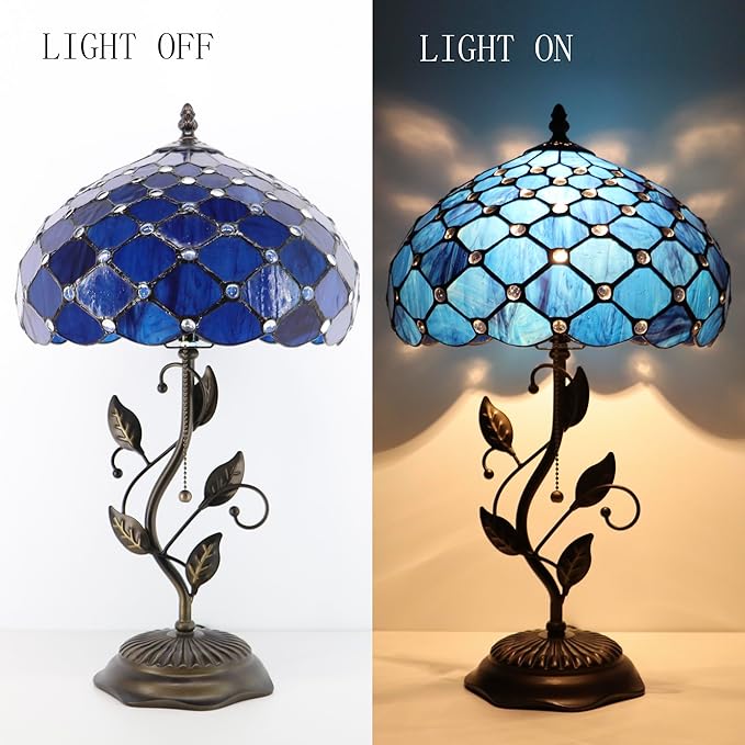 Tiffany Table Lamp, Stained Glass Style Desk Lamp, 12X12X19 Inch,Bedside Reading Light, Metal Leaf Base (Blue Beads)