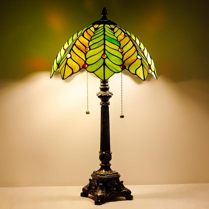 Tiffany Table Lamp Brown Green Leaf Style Stained Glass Desk Lamp 12X12X21 Inches Reading Light