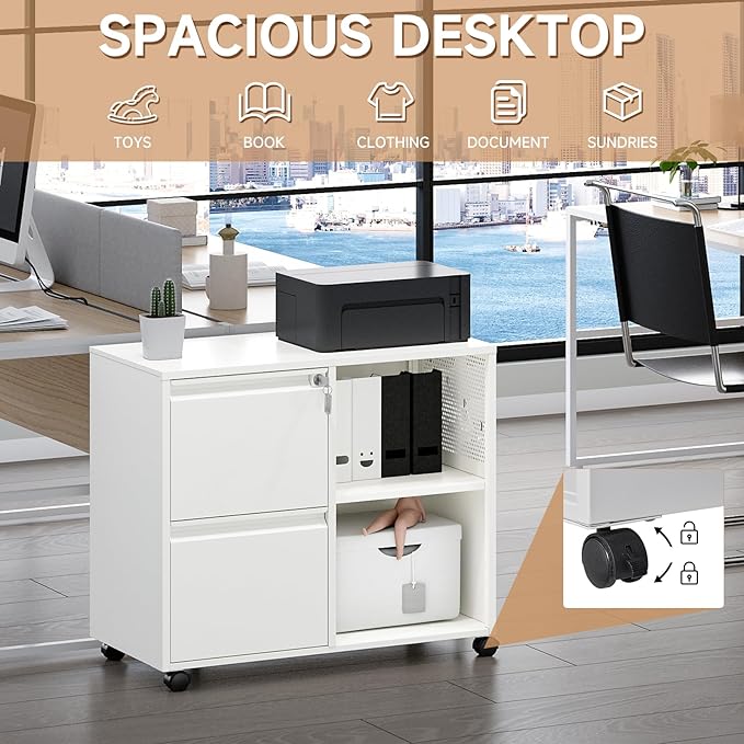 Mobile File Cabinet, 2 Drawer Lateral Filing Cabinets with Lock, Open Storage Cabinet with Adjustable Shelves Fits Letter, A4, Legal Size for Home Office Organization, White