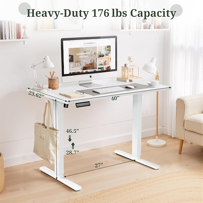 40 x 24 in Electric Standing Desk - Memory Height Adjustable Ergonomic Sit-to-Stand Rising Computer Table Gaming Workstations with 2 Hooks and Wire Hole for Home Office, White