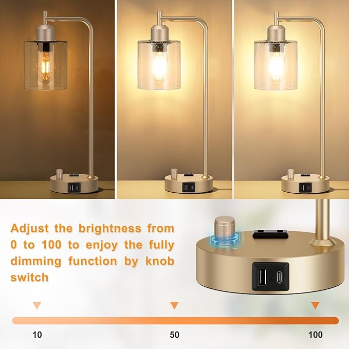 Innqoo Champagne Gold Industrial Bedside Table Lamp for Bedroom - Nightstand Lamps with USB C Charging Port, Fully Dimmable Black Ports and Outlets, Small Desk Glass Shade Office Living Room