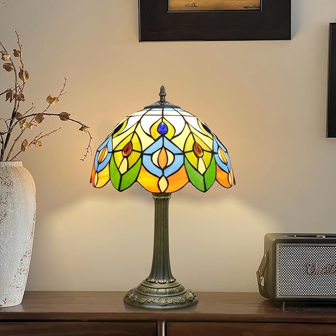 Tiffany Lamp Stained Glass Table Lamp 12-Inch Green Peacock Feather Living Room Bedside Table Coffee Shop Dormitory Home Office Decoration Tiffany Style Retro Luxury Decoration Gift (Orange lamp)