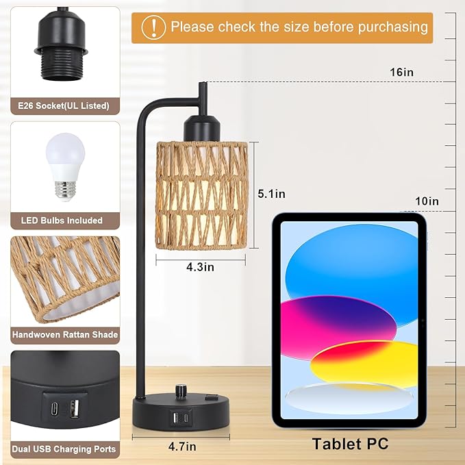 Rattan Table Lamps for Living Room Set of 2, Boho Bedside Lamps with LED Bulbs, USB Charging Ports and Outlet, Farmhouse Nightstand Lamp with Woven Shade, Black Desk Lamp for Bedroom Office