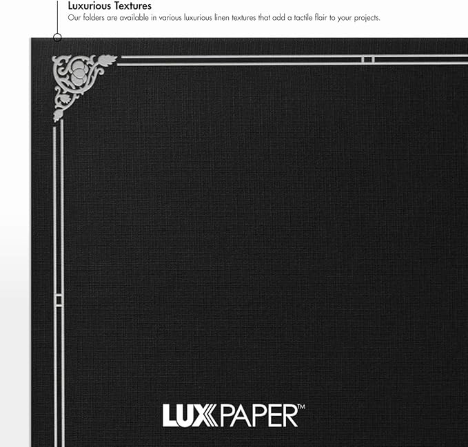 LUXPaper 9.5" x 12" Certificate Holders | Black Linen | Embossed Silver Foil Floral Border | 100lb. Cover | 25 Qty