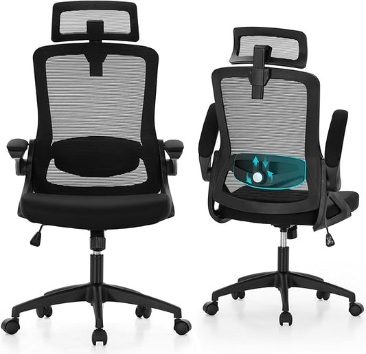 MAISON ARTS Ergonomic Office Desk Chair, Breathable Mesh Computer Chair with Adjustable Lumbar Support, Headrest and Flip up Armrests, Comfortable Task/Executive Chair for Home Office