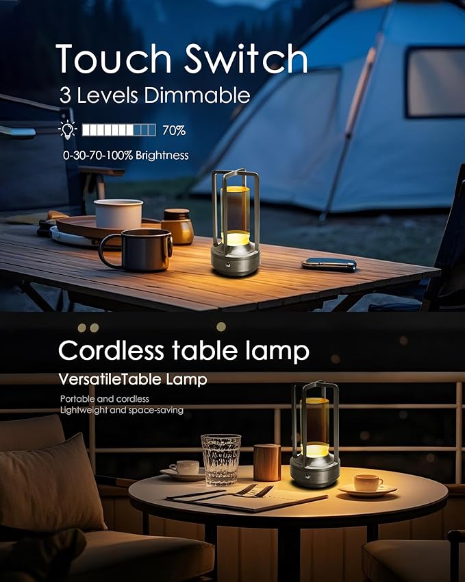 Set of 2 Cordless Table Lamps, LED Rechargeable Battery Operated Desk Lamps with 3 Color Stepless Dimmable, Small Light Portable for Outdoor Patio Bar Restaurants Bedroom Bedside (Silver)