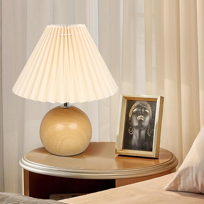 Small Pleated Table Lamp, Bedside Nightstand Lamp with Beige Lampshade, Morden Mini Lamp for Bedroom Home Office Decor, E27 Bulb Included