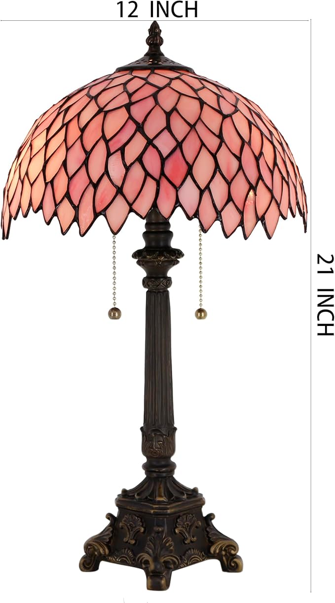 Tiffany Table Lamp Pink Wisteria Style Stained Glass Desk Lamp 12X12X21 Inches Reading Light
