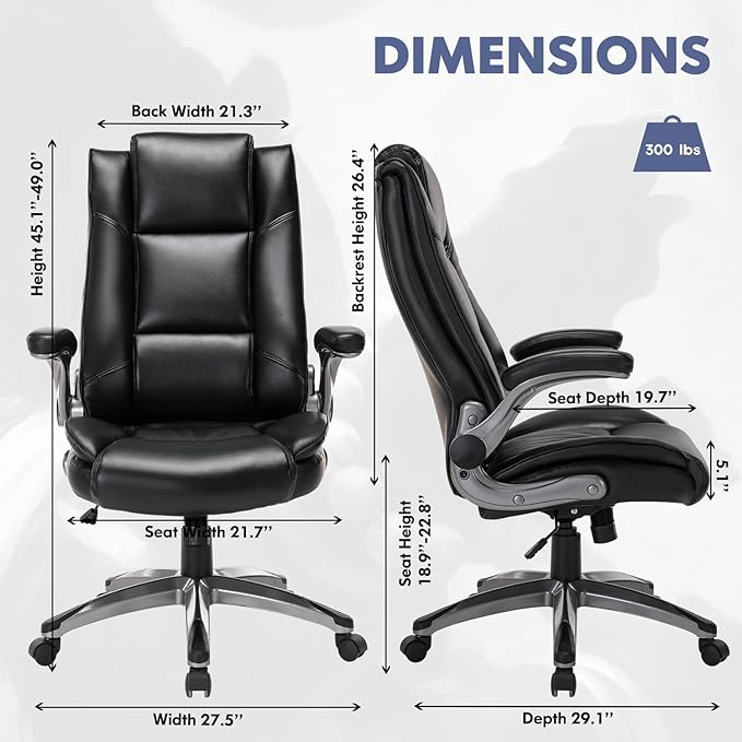 Leather Executive Office Chair - High Back Home Computer Desk Chair with Padded Flip-up Arms, Adjustable Tilt Lock, Swivel Rolling Ergonomic Chair for Adult Working Study, Black