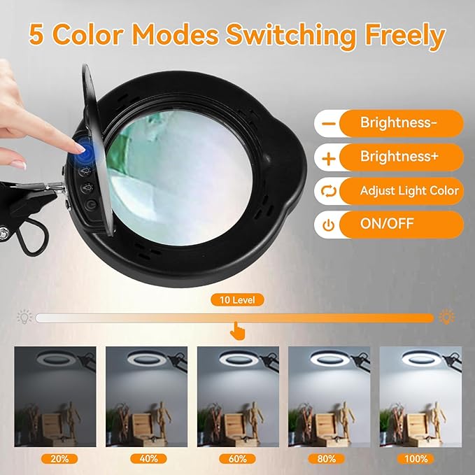 Ultra Long 12X Magnifying Glass with Light and Stand|Magnifying Lamp with 3-Section Swing Arm,5 Color Modes LED Lighted Magnifier Lamp for Workbench/Craf