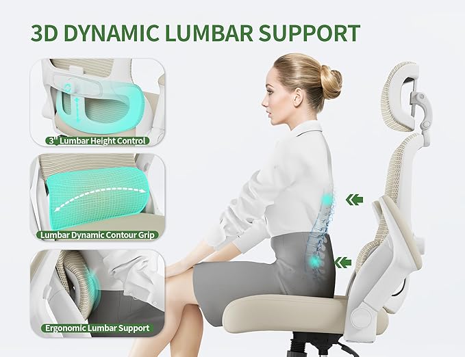 Office Chair - Ergonomic Desk Chair with Adjustable Headrest Lumbar Support Computer Chair - Mesh Comfy Chairs with Flip-up Armrests - Big and Tall Gaming Chairs for Adults Home Office(Beige)