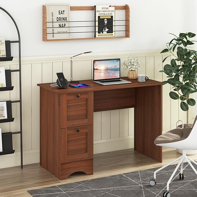 Tangkula Computer Desk with Drawers & Charging Station, Wooden Home Office Desk PC Laptop Notebook Desk, Compact Study Desk Writing Desk, Computer Workstation Ideal for Home & Office