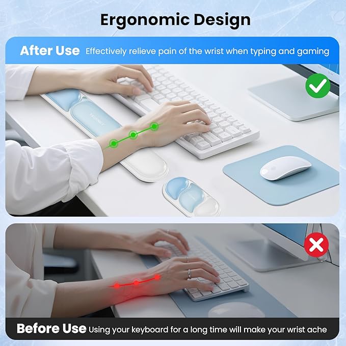 TECKNET Clear Gel Wrist Rest for Computer Keyboard, Ergonomic Gel Keyboard Wrist Rest Set for Typing Pain Relief, Comfortable Silicone Wrist Support Pad for Office/Computer/Laptop/Gaming, Blue
