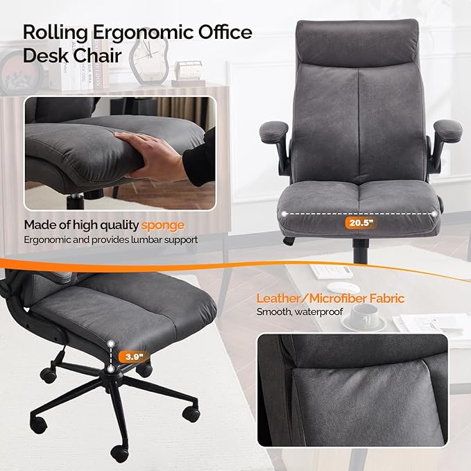 VINGLI Rolling Ergonomic Office Desk Chair with Padded Flip-up Arms, 360° Swivel High Back Executive Computer Task Chair with Wheels for Game,Home Small Space, Study Room, Reading Room,Pu Grey