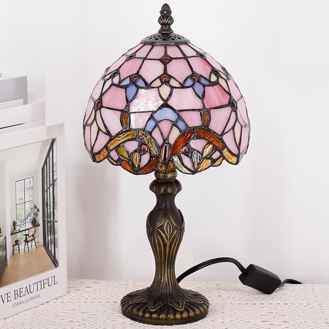 Small Tiffany Lamp Stained Glass Table Lamp Mini Desk Accent Light for Bedroom Bedside Reading Home Antique Style Decor 8X15 Inches (Pink Baroque)