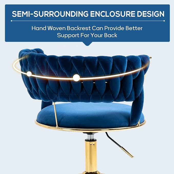 NIOIIKIT Velvet Office Desk Chair with Hand Woven Backrest, 360° Swivel & Height Adjustable Task Chairs, Makeup Chair, Living Room Chairs with Stainless Base and 5 Wheels (Navy)