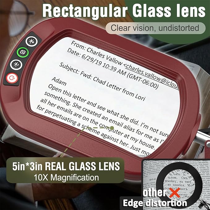 Veemagni 10X Rectangle Magnifying Glass with Light and Stand, 5 Color Modes Stepless Dimmable, 2-in-1 LED Lighted Desk Lamp & Clamp, Hands Free Magnifier for Reading Crafts Painting Close Work - Red