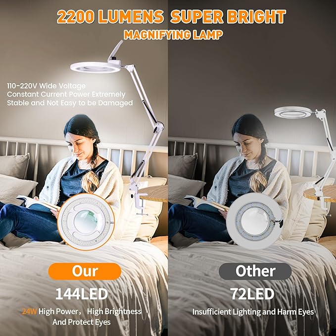 10X Magnifying Glass with Light and Stand, NUEYiO 2200 Lumens Stepless Dimming LED Magnifier Lamp, Adjustable Swing Long Arm Magnifying Light, Hands Free Craft Lamp for Projects Soldering Workbench