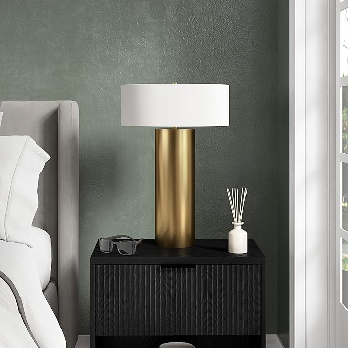 Henn&Hart 24'' Mid-Century Modern 1-Light Table Lamp with White Fabric Drum Shade for Living Room, Bedroom, or Office, Brass
