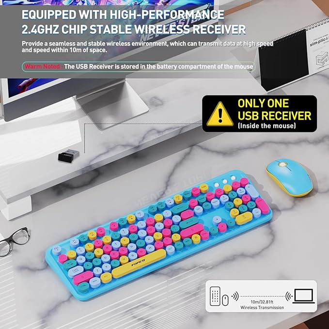 Wireless Keyboard and Mouse Combo with Switch Button- 2.4GHz Cordless Typewriter Keyboard | Auto-Sleep | USB Receiver for Windows PC/Laptop - Blue Colorful