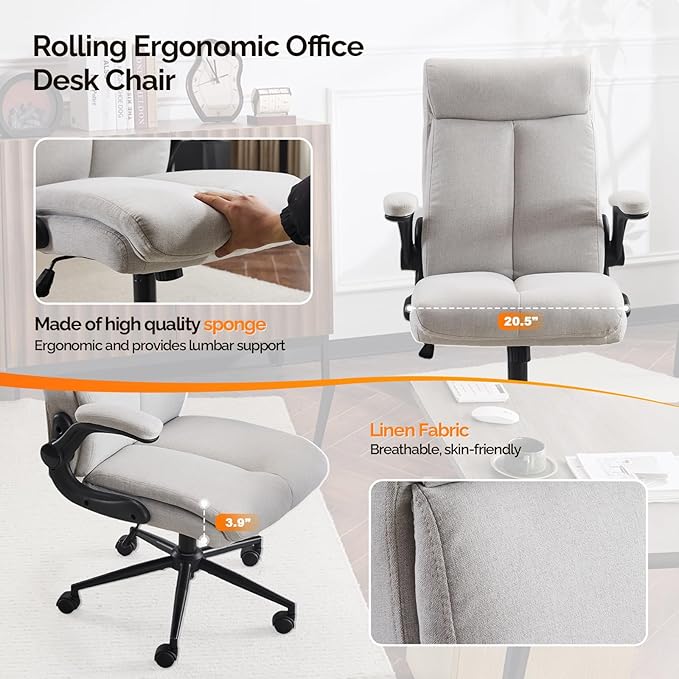 VINGLI Rolling Ergonomic Office Desk Chair with Padded Flip-up Arms, 360° Swivel High Back Executive Computer Chair with Wheels for Game,Home Small Space, Study Room, Reading Room, Linen Light Grey