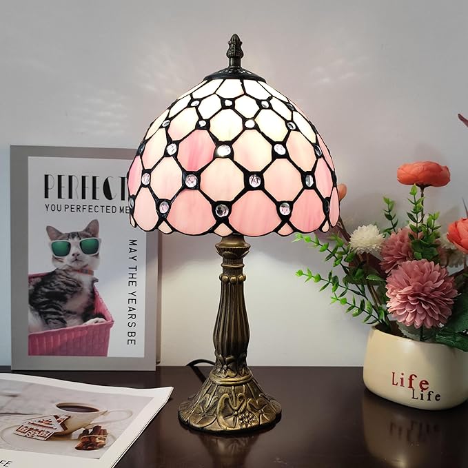 Tiffany Table Lamp 3-Way Light Handmade Bedside Lamp Small Desk Night Lamp Stained Glass Antique for Home Office Bedroom Living Room Study Room (Pink Pearls Style)