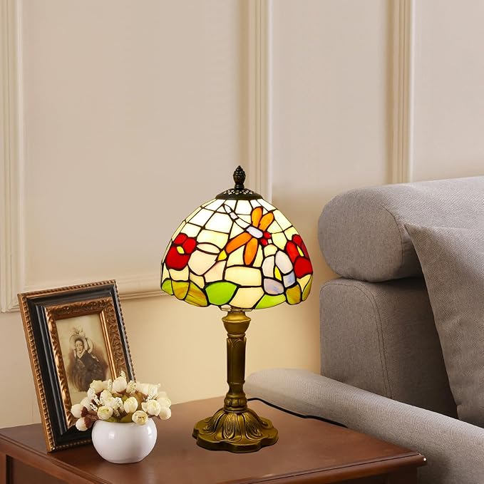 Tiffany Table Lamp Beautiful Dragonfly and Flower Style Lamp Handmade Stained Glass Desk Lamps Gifts Resin Base 14.2" Tall Vintage Reading Lamp for Office,Living Room, Bedroom, Study Room