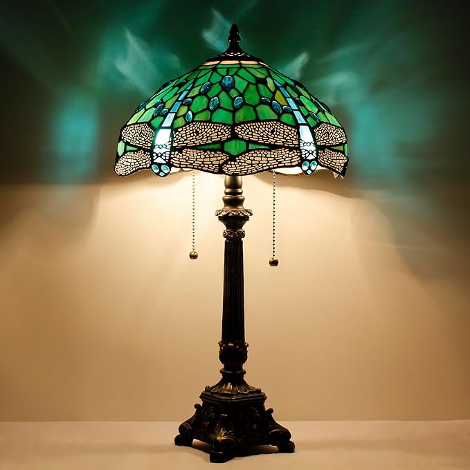 Tiffany Table Lamp Green Stained Glass Desk Lamp 12X12X21 Inches Dragonfly Style Reading Light