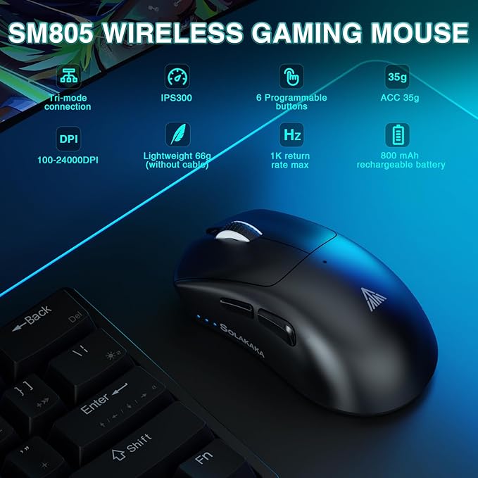SOLAKAKA SM805 Lightweight Wireless Gaming Mouse,24000 DPI,Tri-Modes Connection,BT5.0/Type-C Wired/2.4G Wireless Mouse Gaming with 2 Side Buttons, Engineering Grip Custom Mouse for Gamer,Black