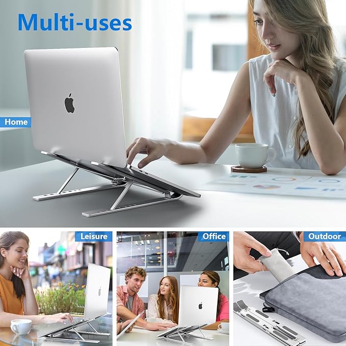 Laptop Stand for Desk, Aluminum Metal MacBook Stand,Computer Riser for Desk, Portable Foldable Adjustable Notebook Holder, Compatible with 10-15.6 Inch Laptops, iPad, Silver.
