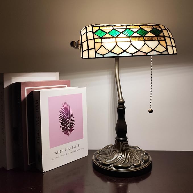 Small Tiffany Style Banker Table Lamp Small Stained Glass Piano Desk Lamp Vintage Bedside Lamp for Home Living Room Office (White-Green Checkered)