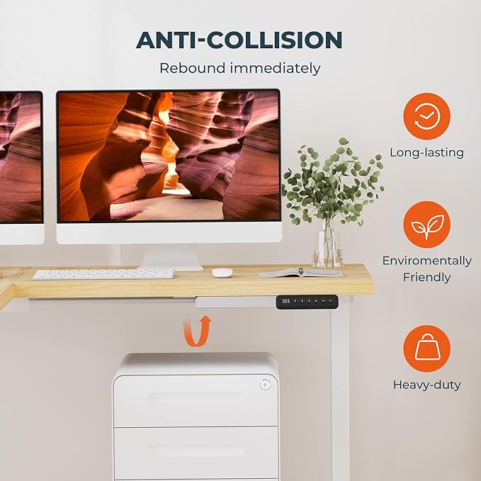 L-Shaped Standing Desk, 63 x 47 Inches Height Adjustable Desk with Storage, Sit and Stand up for Work Office Home, Ergonomic Rising Computer Table for Home Office with Splice Board, Maple