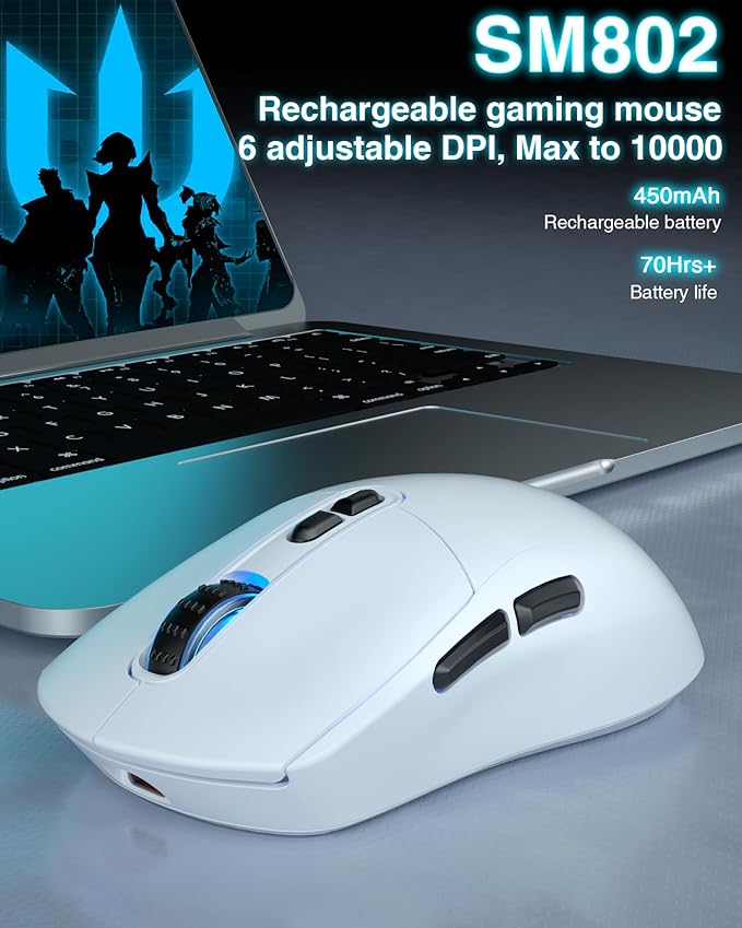 SOLAKAKA SM802 White Wireless Gaming Mouse,10000 DPI,Tri-Mode Wired/BT 5.0/2.4GHz Wireless Mouse Gaming with Side Button,RGB Programmable Macro Mouse for Laptop