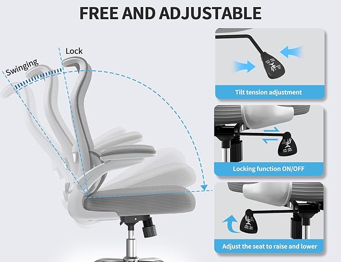 TRALT Ergonomic Office Chair - Desk Chair with Wave High Back Adjustable Lumbar Support Computer Chair - Gaming Chairs Mesh Backrest and PU Leather Seat for Home Reading Chairs to Adults(Grey)