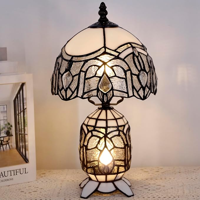 Small Tiffany Lamp Stained Glass Table Lamp Mini Mother Daughter Vase Desk Accent Light for Bedroom Bedside Reading Home Antique Style Decor 8X14 Inches (White)