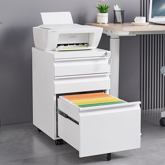 3-Drawer Metal File Cabinet with Lock & Wheels – Rolling Under-Desk Storage for Letter/Legal/A4 Folders, Home & Office Use (Assembly Required)