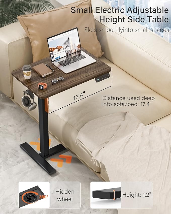 FiCiHi Electric Standing Desk with Wheels - Height Adjustable, Mobile, Small Movable Laptop Desk, Portable Rolling Computer Workstation Sit Stand Table for Home Office, Sofa & Bedside(24x16, Walnut)