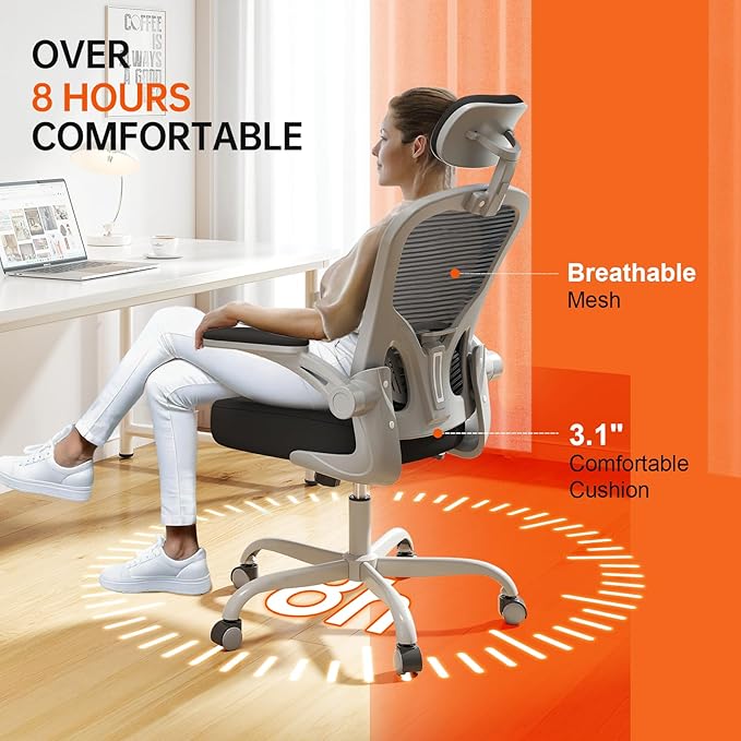 Office Chair Ergonomic Desk Chair, 330LBS Capacity, High Back Computer Chair for Long Hours Comfortable, Rolling Swivel Chair for Home Office, Flip-up Armrests(Grey Black)