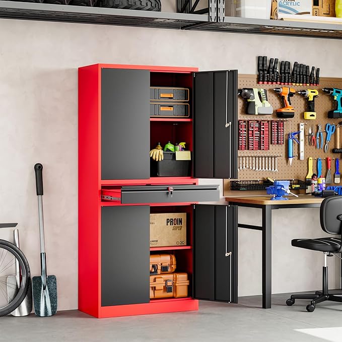 Yizosh Metal Garage Storage Cabinet with Locking Doors and Adjustable Shelves,- 71" Tool Storage Cabinet with 1 Drawer for Garage,Office,Warehouse