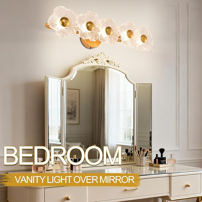 Vintage Bathroom Light Fixtures 5 Light Modern Vanity Lights with Floral Clear Glass,3-Color Temperature Picture Light Led Wall Lights Wireless Wall Sconces for Decor,Bathroom,Hallway (Gold)