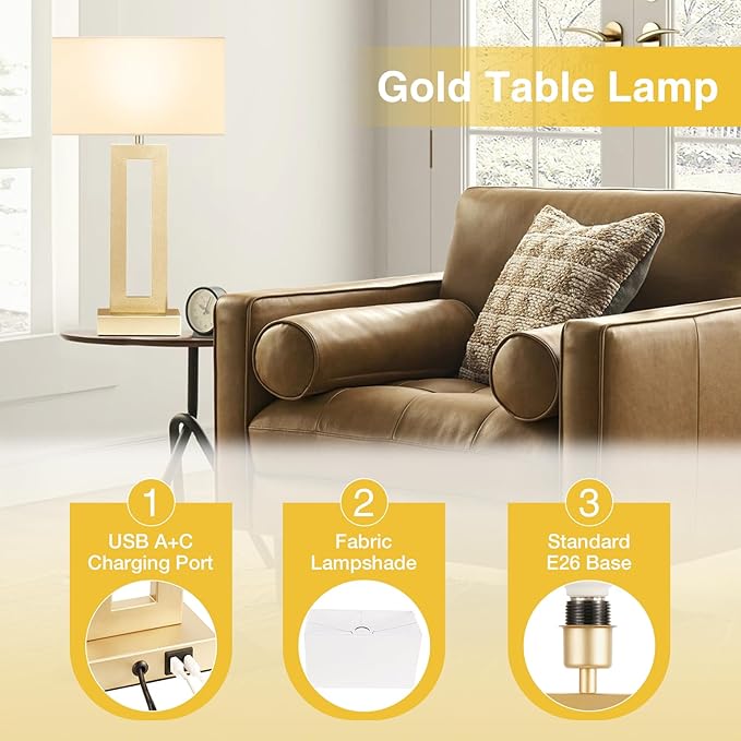 Seealle 22" Tall Bedroom Lamps for Living Room - Touch Gold Bedside Lamps with USB C+A, 3 Way Dimmable for Nightstand, Modern Night Stands for End Tables (White & Gold)