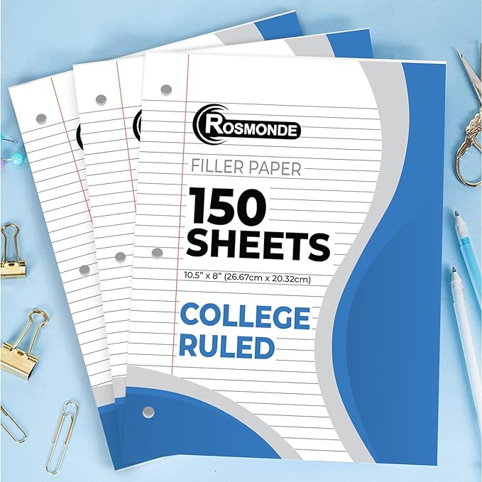 Rosmonde Loose Leaf Paper Bulk, 3600 Sheets, 24 Pack, College Ruled Sheets, 8 x 10.5", 150 Sheets/Pack, 3 Hole Punch, Bulk Notebook Paper, Filler Sheets, Fits Standard Binders, Fights Ink Bleed, White