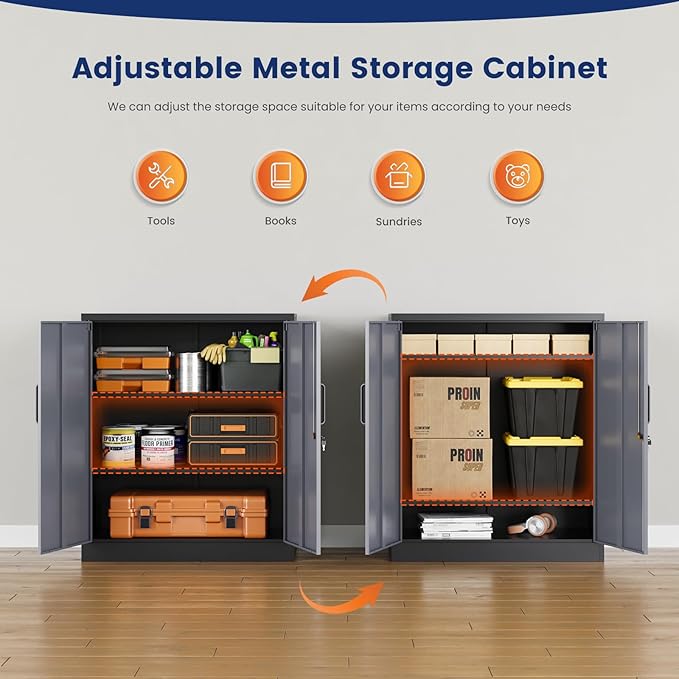 Yizosh Metal Garage Storage Cabinet with 2 Doors and 2 Adjustable Shelves - 35.5" Steel Lockable File Cabinet for Home Office,Garage,Gym,School(Gray Black)