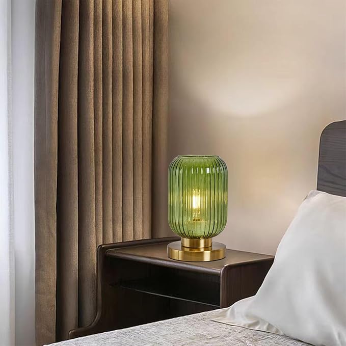 NKU Mid Century Table lamp Green Glass Bedside Table Lighting Dimmable Ribbed Modern Globe Table Lamp Small Vintage Nightlight Lamp Nightstand Lamp with Plug-in Style for Bedroom Living Room Office
