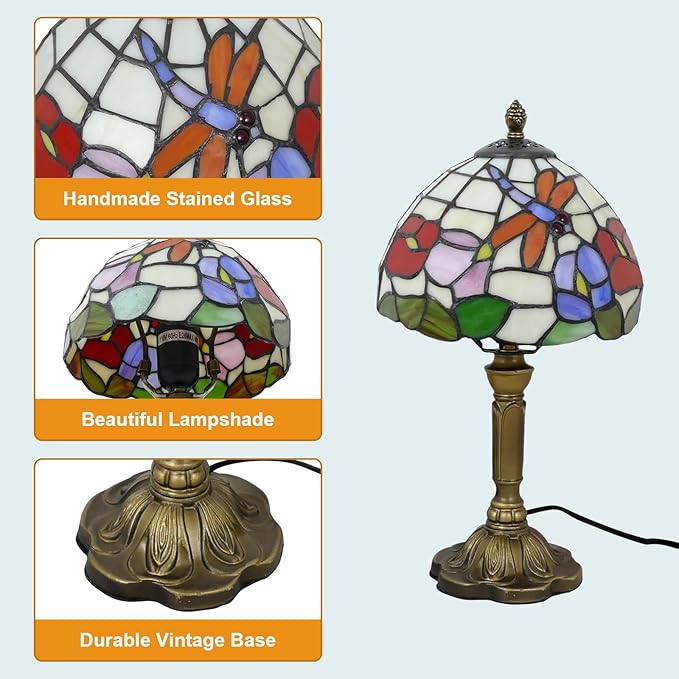 Tiffany Table Lamp Beautiful Dragonfly and Flower Style Lamp Handmade Stained Glass Desk Lamps Gifts Resin Base 14.2" Tall Vintage Reading Lamp for Office,Living Room, Bedroom, Study Room