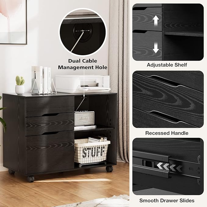 File Cabinet with 3 Drawers, Mobile Lateral Filing Cabinet with Open Storage Shelves for Home Office Under Desk Storage, Black
