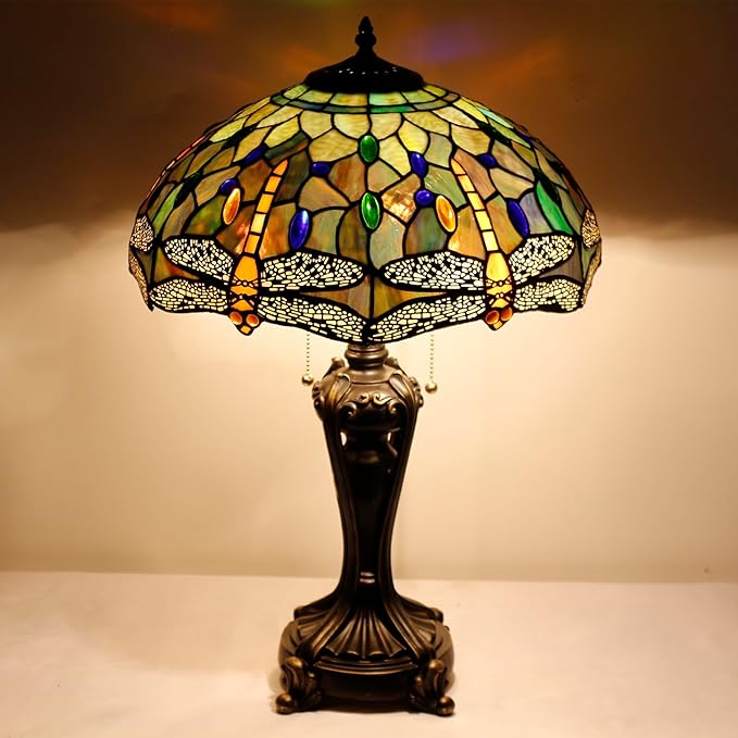 Tiffany Stained Glass Table Lamp 16X16X24 Inch Amber Yellow Dragonfly Style Desk Bedroom Living Room Antique Reading Light (Amber Yellow)