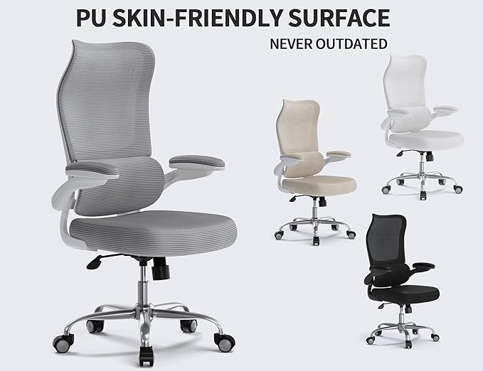 TRALT Ergonomic Office Chair - Desk Chair with Wave High Back Adjustable Lumbar Support Computer Chair - Gaming Chairs Mesh Backrest and PU Leather Seat for Home Reading Chairs to Adults(Grey)
